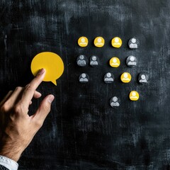 Hand touches speech bubble beside figure grid on chalkboard