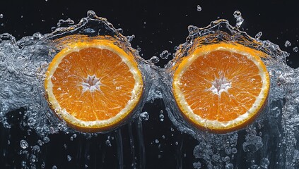 Sliced oranges splash in water, against a black backdrop