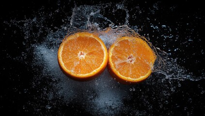 Two orange halves burst with water drops on black background