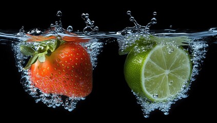 Strawberry & lime drop, water splash, dark backdrop