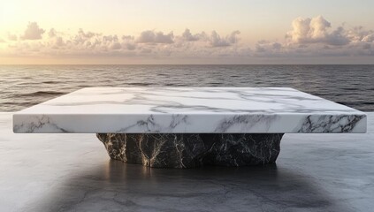 Marble top rests on rock, overlooking ocean at sunrise