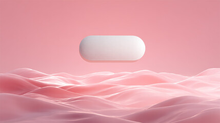 Realistic oval tablet floating above soft pink glowing waves, minimalistic composition