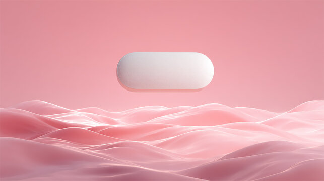 Realistic oval tablet floating above soft pink glowing waves, minimalistic composition