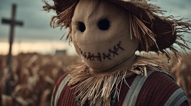 A creepy, cinematic shot of a ragged scarecrow with a burlap sack head, hollow eyes and stitched mouth, impaled on a wooden cross in a dry cornfield at dusk. Long shadows and rural horror atmosphere.