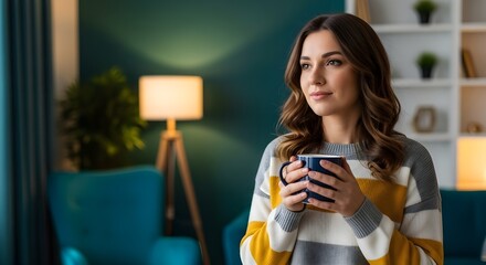 Peaceful young woman holding a coffee mug relaxing at home in a cozy living room at night
