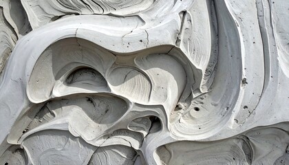 Close-up of intricately sculpted, textured mud surface. The shades of white and gray create flowing, organic patterns with deep crevices