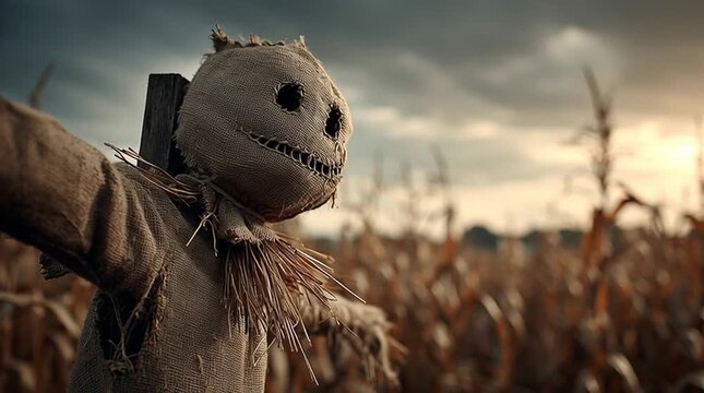 A creepy, cinematic shot of a ragged scarecrow with a burlap sack head, hollow eyes and stitched mouth, impaled on a wooden cross in a dry cornfield at dusk. Long shadows and rural horror atmosphere.