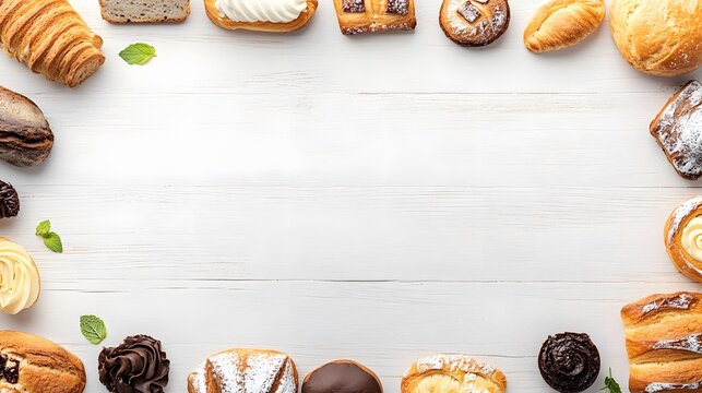 Delicious Bakery Goods Frame White Wood Background