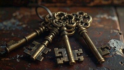 Close-up shot featuring a set of ornate, antique keys with intricate designs, resting on a weathered wooden surface