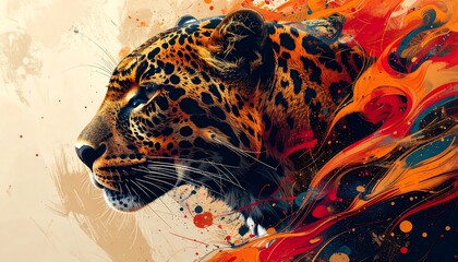 A digital artistic depiction of a jaguar in profile, rendered with vibrant colors and abstract fiery elements