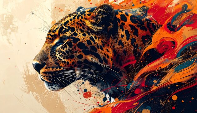 A digital artistic depiction of a jaguar in profile, rendered with vibrant colors and abstract fiery elements - Powered by Adobe