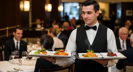 Elegant dining experience : Waiter serving dishes in upscale restaurant with diners enjoying their meals Upscale dining redefined