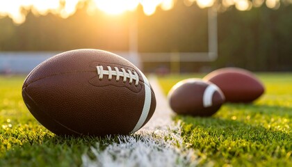Close-up shot of three leather oblong balls on vibrant green grass, sun flares in background