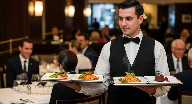Elegant dining experience : Waiter serving dishes in upscale restaurant with diners enjoying their meals Upscale dining redefined