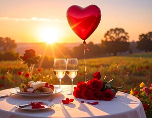Romantic Sunset Dinner for Two with Wine, Roses, and Heart Balloon