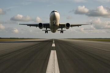 Naklejka premium Commercial airplane taking off from runway under cloudy sky, captured from frontal low angle perspective, symbolizing travel and aviation freedom concept. Ai generative