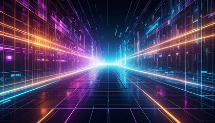 A futuristic digital tunnel with neon lights and geometric patterns. The scene suggests data flow or a virtual world with pathways