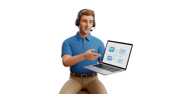 Cartoon man explains business flow chart on laptop for online training, modern style