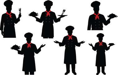 Black Silhouette Set of Chef Holding Serving Platter with Cloche, Professional Cook Presenting Food, Isolated Vector Graphics for Culinary Arts and Restaurant

.