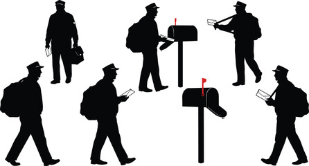 Black Silhouette Set of Postman or Mail Carrier Delivering Letters and Packages, Walking with Bag, Putting Mail in Mailbox, Isolated Vector Graphics

.