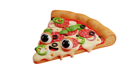 Whimsical pizza slice character with pepperoni, olives, peppers, and basil toppings