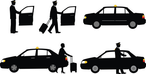 Black Silhouette Set of Chauffeur, Driver and Passenger with Luggage, Taxi Cab Service, Opening Car Door, Isolated Vector Graphics for Transportation

.