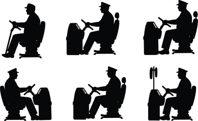 Black Silhouette Set of Man Driving Heavy Machinery, Operator Sitting and Steering Vehicle, Isolated Vector Graphics for Transportation and Industry

.