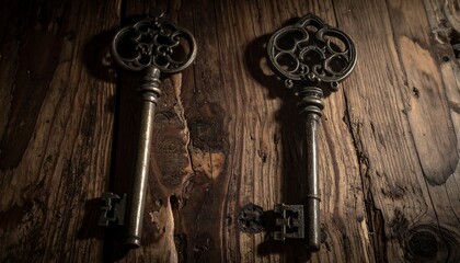 Two antique keys, ornate and decorative, rest against a rustic, aged wooden surface, evoking a sense of mystery