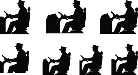 Black Silhouette Set of Man Driving Heavy Machinery, Operator Sitting and Steering Vehicle, Isolated Vector Graphics for Transportation and Industry

.