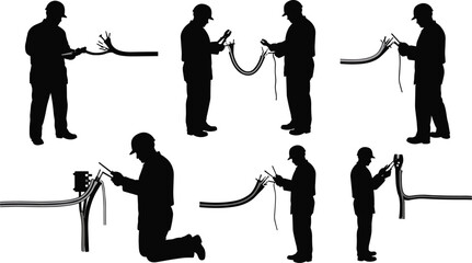 Black Silhouette Set of Electrician Wiring and Repairing Cables, Installation and Maintenance Work, Isolated Vector Graphics for Trade and Industry

.