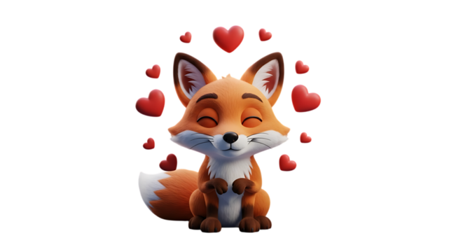 Adorable cartoon fox surrounded by floating hearts radiates love and cheerfulness