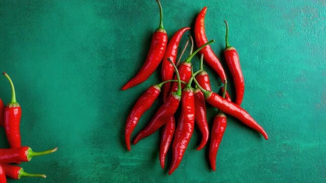 Fresh red chili peppers arranged beautifully on a vibrant green surface for culinary and artistic presentations 4k video footage