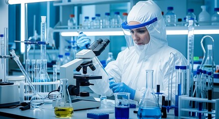 Scientist in protective suit works in laboratory using a microscope and various scientific equipment to conduct experiments