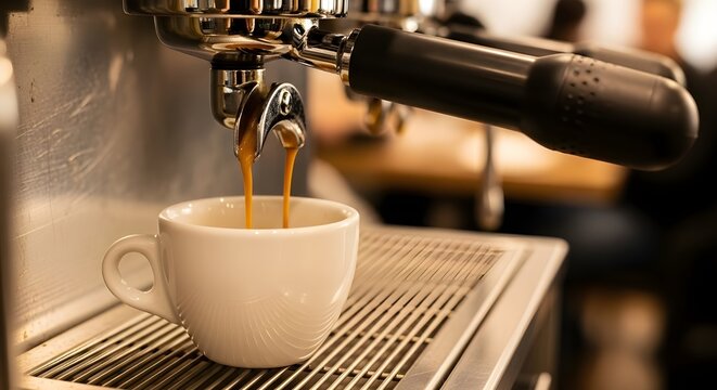 Fresh espresso pouring into white ceramic cup from professional coffee machine in cafe