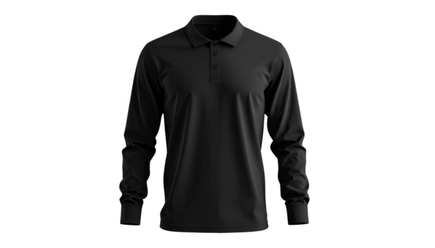 Isolated long-sleeved polo shirt, presented with a plain black background, showcases the details of the garment, including the collar, buttons, and sleeves, highlighting the fabric texture and form...