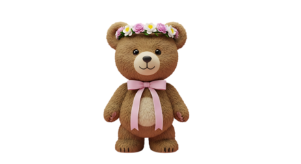 Sweet teddy bear wearing a floral crown and pink bow, bringing joy and comfort today