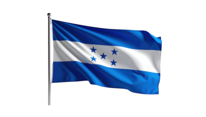 The national flag of a Central American country flutters gracefully in the wind against a dark background, showcasing its blue, white, and blue horizontal stripes, with five blue stars in the central.
