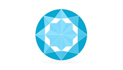 A simple, stylized illustration of a gem with geometric facets in shades of blue, inside a teal circle, set against a pure white background
