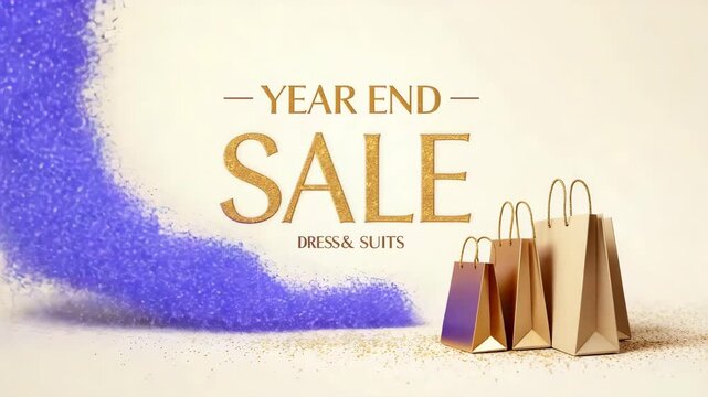 Year End Sale advertisement with shopping bags and blue powder explosion