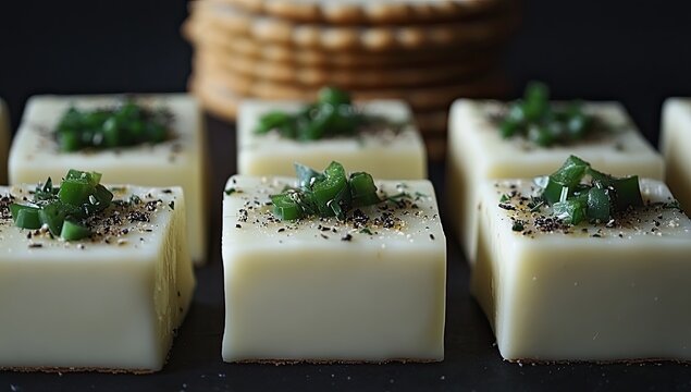 Creamy squares topped with green garnish, stack of crackers - Powered by Adobe