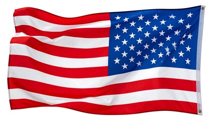 A classic American flag, red and white stripes with a blue canton filled with stars, waving