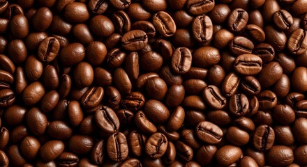 Fototapeta premium Close-up macro background texture of fresh roasted brown coffee beans for beverage marketing