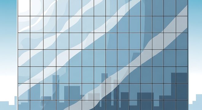 Modern Glass Skyscraper Reflecting City Skyline Under Blue Sky.