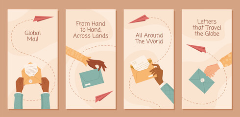 Cartoon hands holding mail and envelopes set. Feedback and review communication highlights customer opinions. A social media set for surveys client interaction in modern background. A creative
