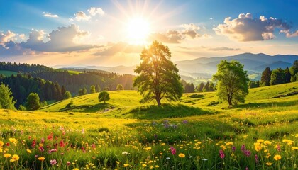 Obraz premium Sunny meadow with distant mountains