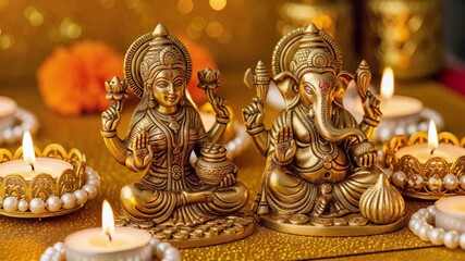 Lord ganesha and goddess Laxmi sculpture with traditional oil lamp  