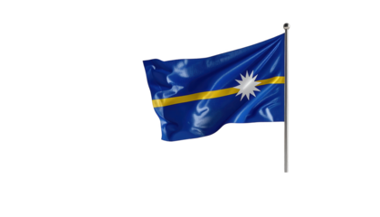 Vibrant flag of a nation against a black background, showing a dark blue color with yellow stripe and a white star; the flag is on a pole, waving in the wind, creating a sense of movement and...