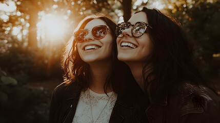 Obraz premium Two happy young women friends smiling at sunset in the park, sharing joy