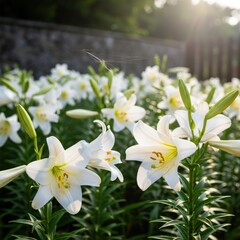 Obraz premium Lush white lilies in a sun-drenched garden evoke serene beauty
