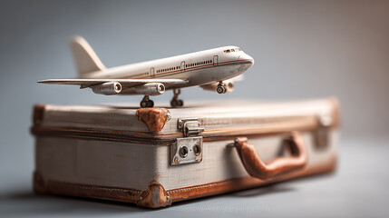 Travel insurance concept, miniature airplane model placed on a vintage suitcase, symbolizing traveler protection and safety